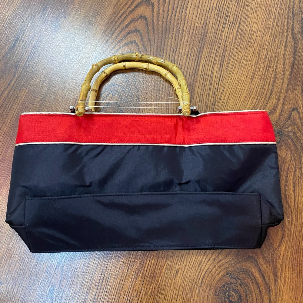 🌹 Fibonacci Sun Embroidery Black & Red Satin Handbag with Bamboo Handles 🌹 NWT - Picture 5 of 9